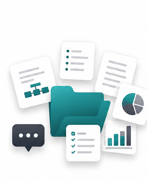 Illustration of scattered company knowledge across files, messages and reports.